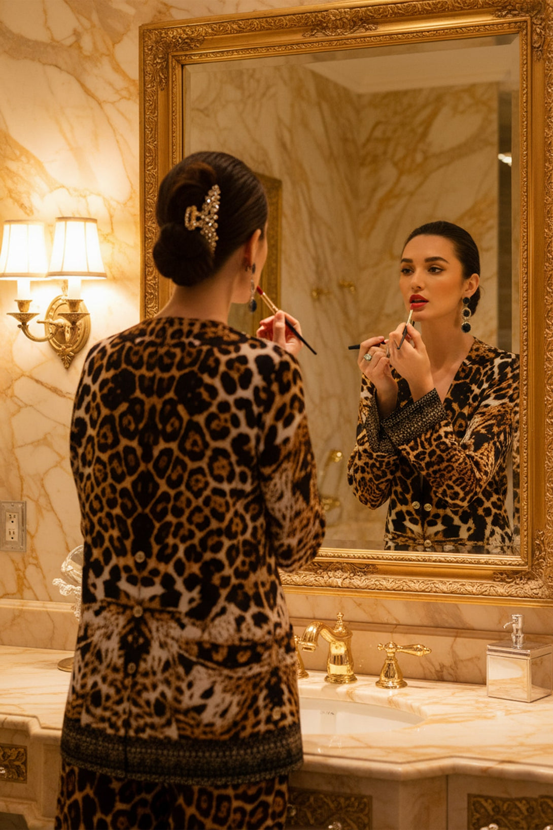 luxury leopard pattern fashion for women, stylish leopard two-piece outfit, shahida uae