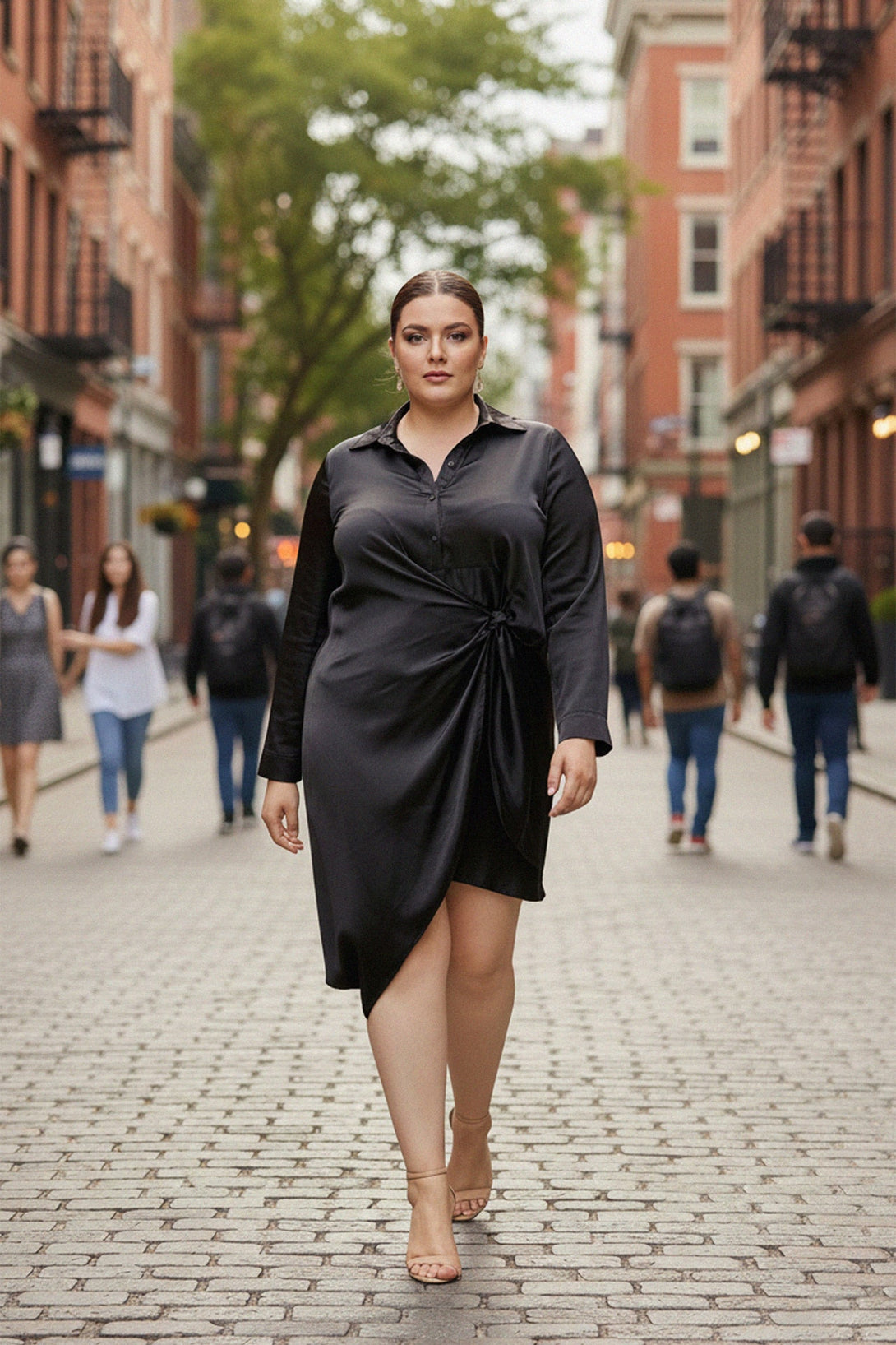 legant black satin dress for curvy women stylish city wear, shahida