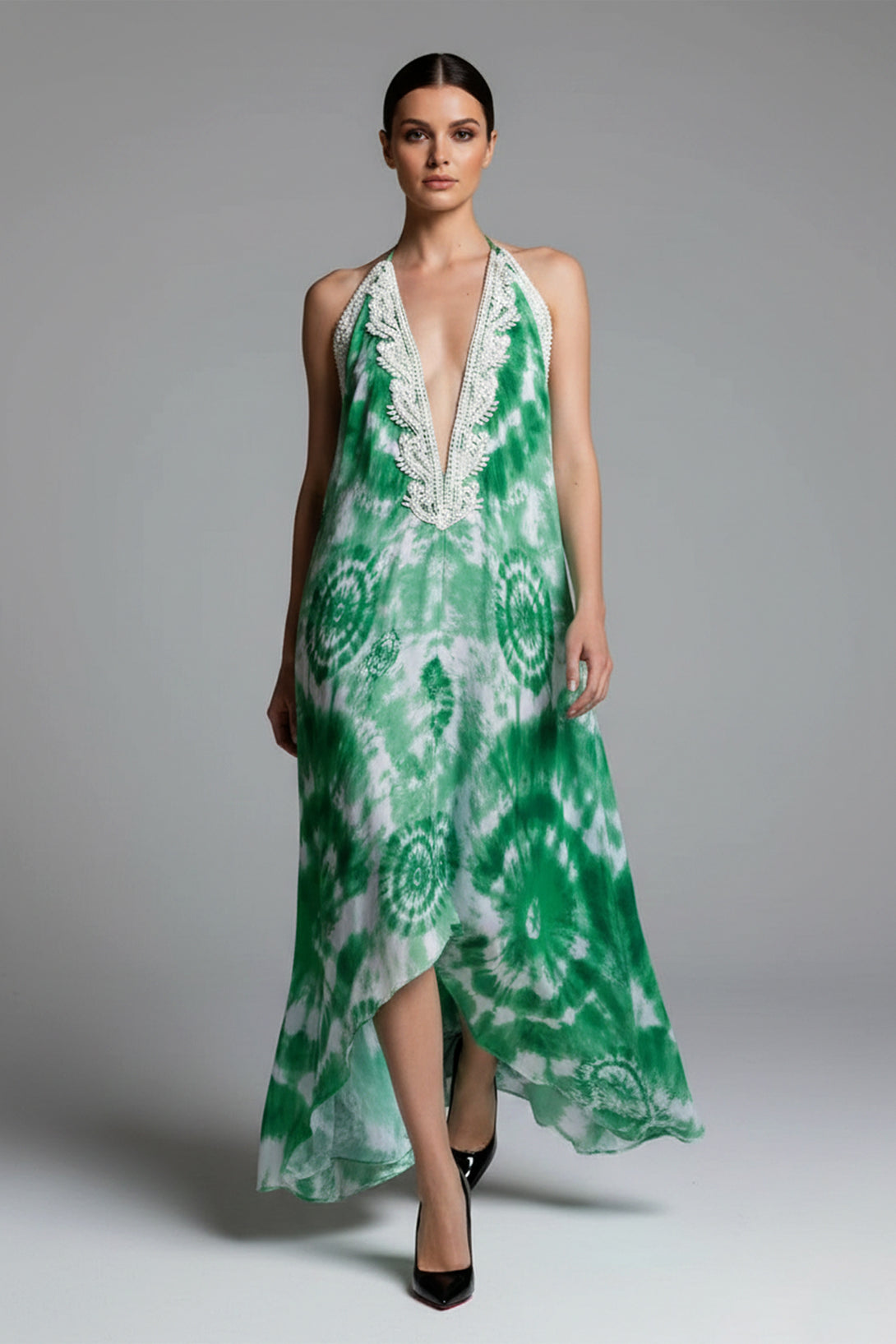Emerald Green Tie-Dye Silk Scarf Maxi Dress for Women | Shahida Shahida Parides Emerald Green Tie-Dye Silk Scarf Maxi Dress for Women | Shahida Shahida Parides