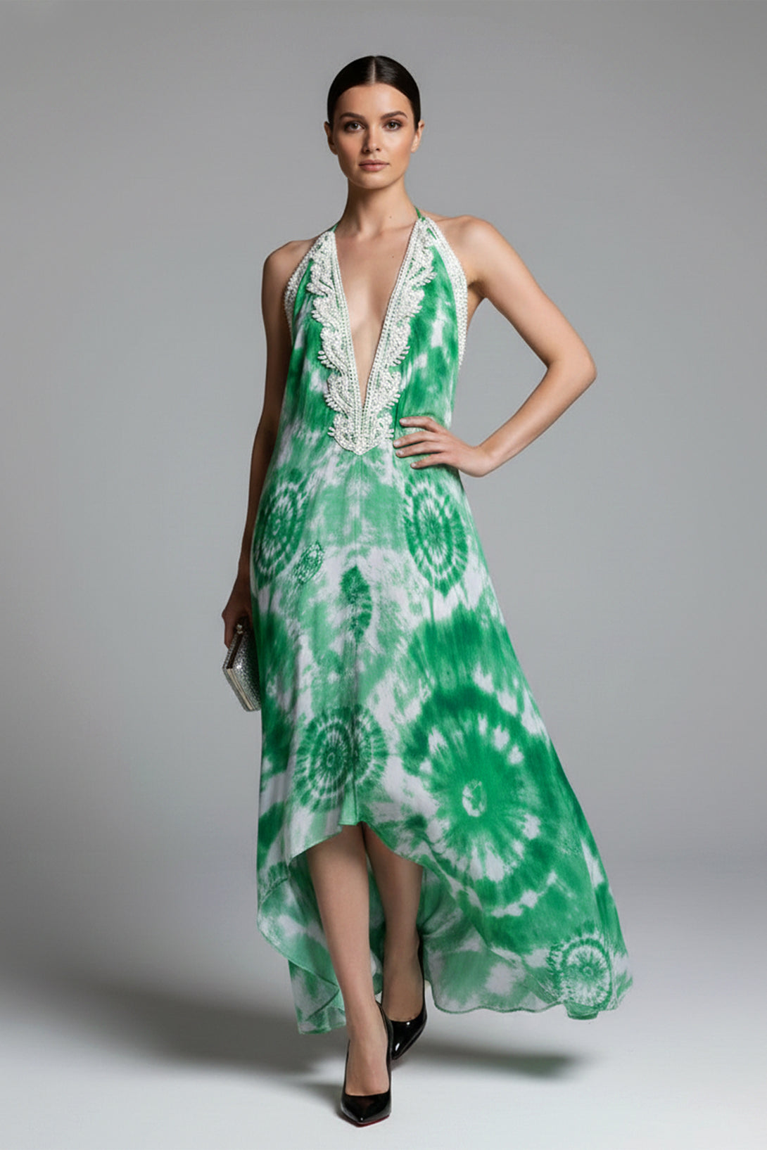 Emerald Green Tie-Dye Silk Scarf Maxi Dress for Women