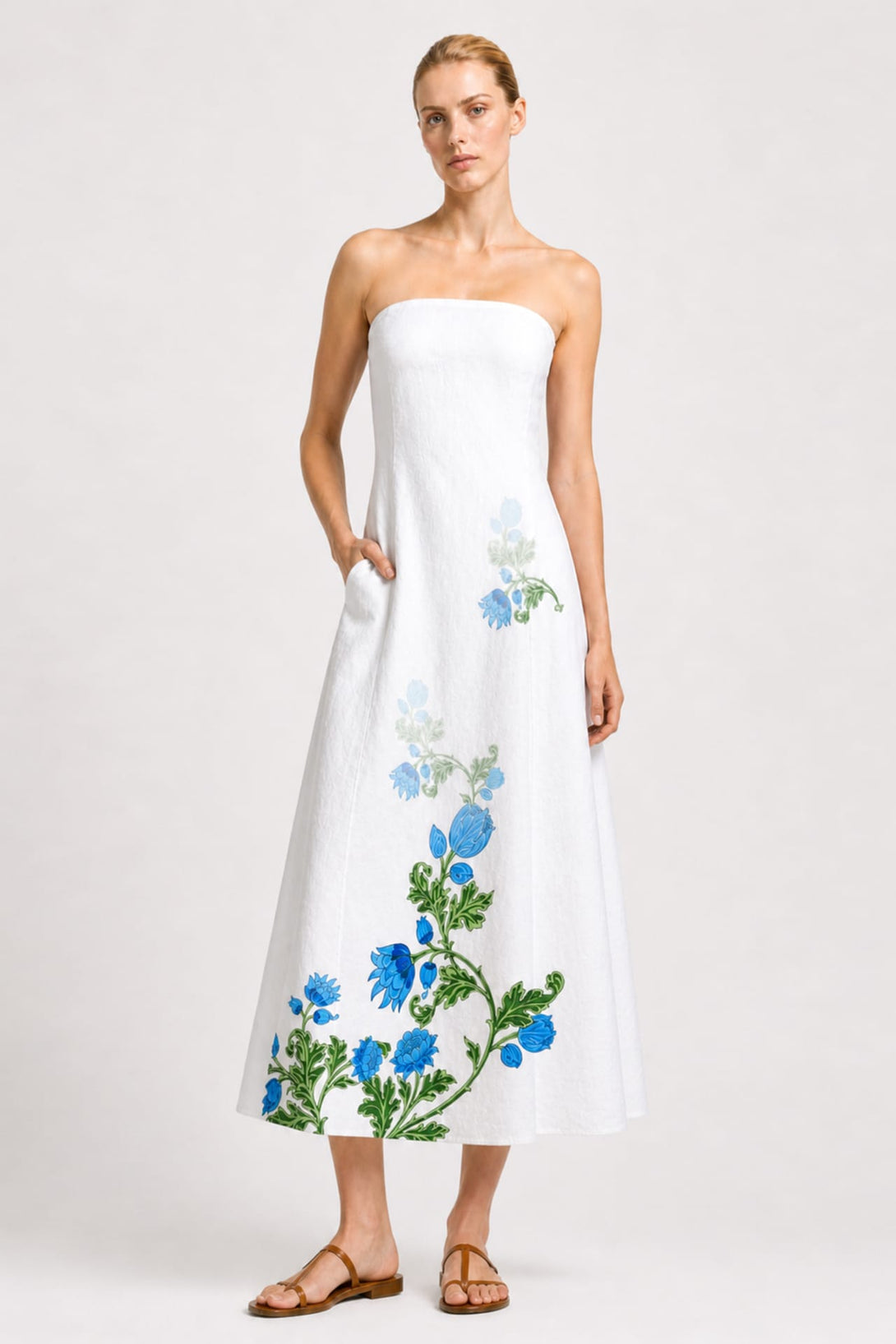 S Blue and White Floral Strapless Destination Wedding Guest Dresses for Beach Weddings