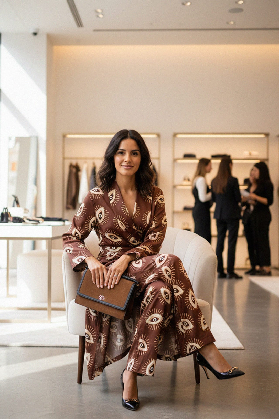 Luxury evil eye print wrap midi dress for women’s wardrobe, Shahida,