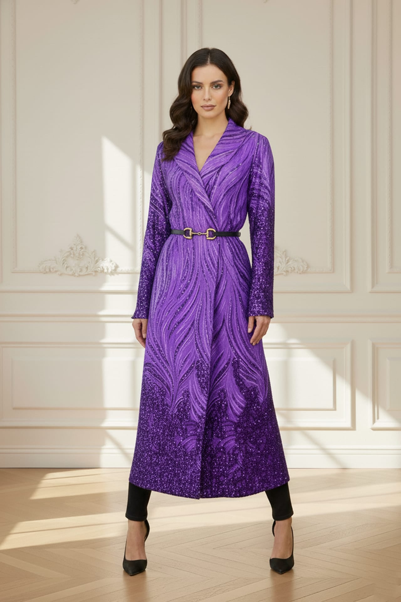 Evening coat, Shahida, Luxe statement outerwear, Sequin long coat,