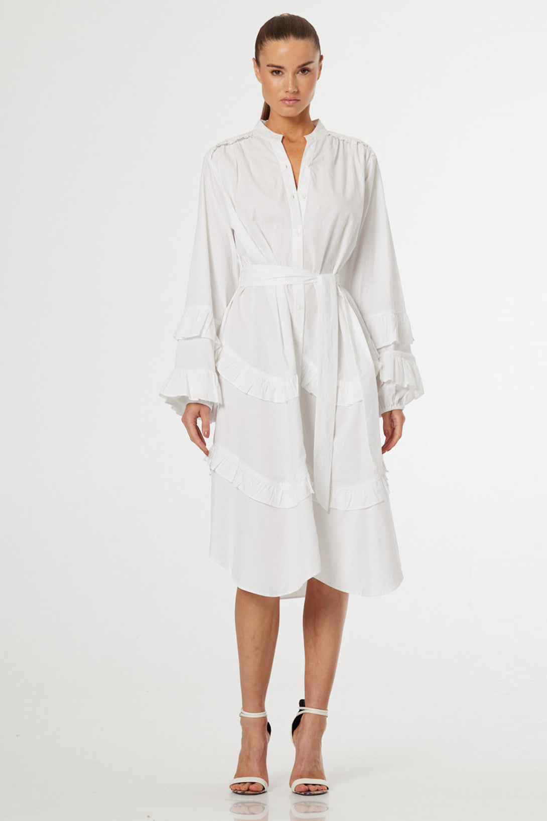 designer white midi dresses Fit-and-Flare Cotton Midi Dress with Bow Pure White / 12