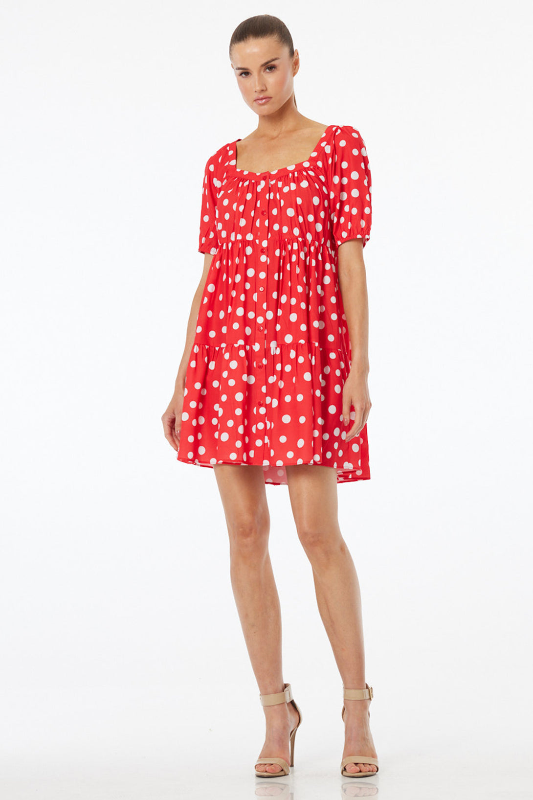 S Luxury Red Polka Dot Babydoll Mini Dress with Puff Sleeves