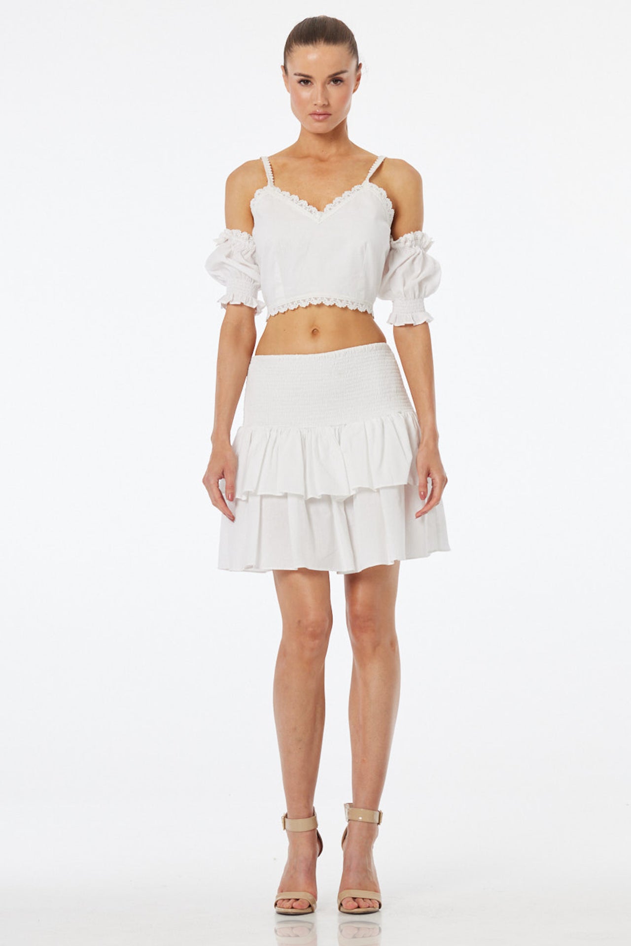 Luxury White Tiered Ruffle Mini Skirt for Women – Shahida Parides