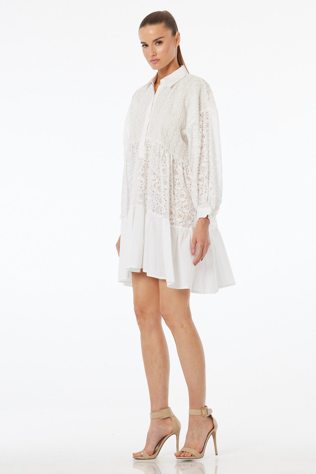 white designer mini dress S Luxury Lace Shirt with Ruffle Hem & Long Sleeves What to Wear to Her flattering silhouette skims concert Size:UK20/US16