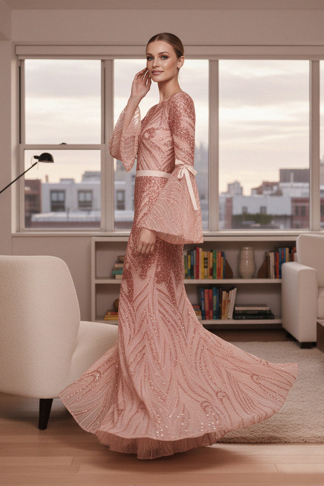 Bow Tie Bell Sleeves Embellished Gown, Shahida,