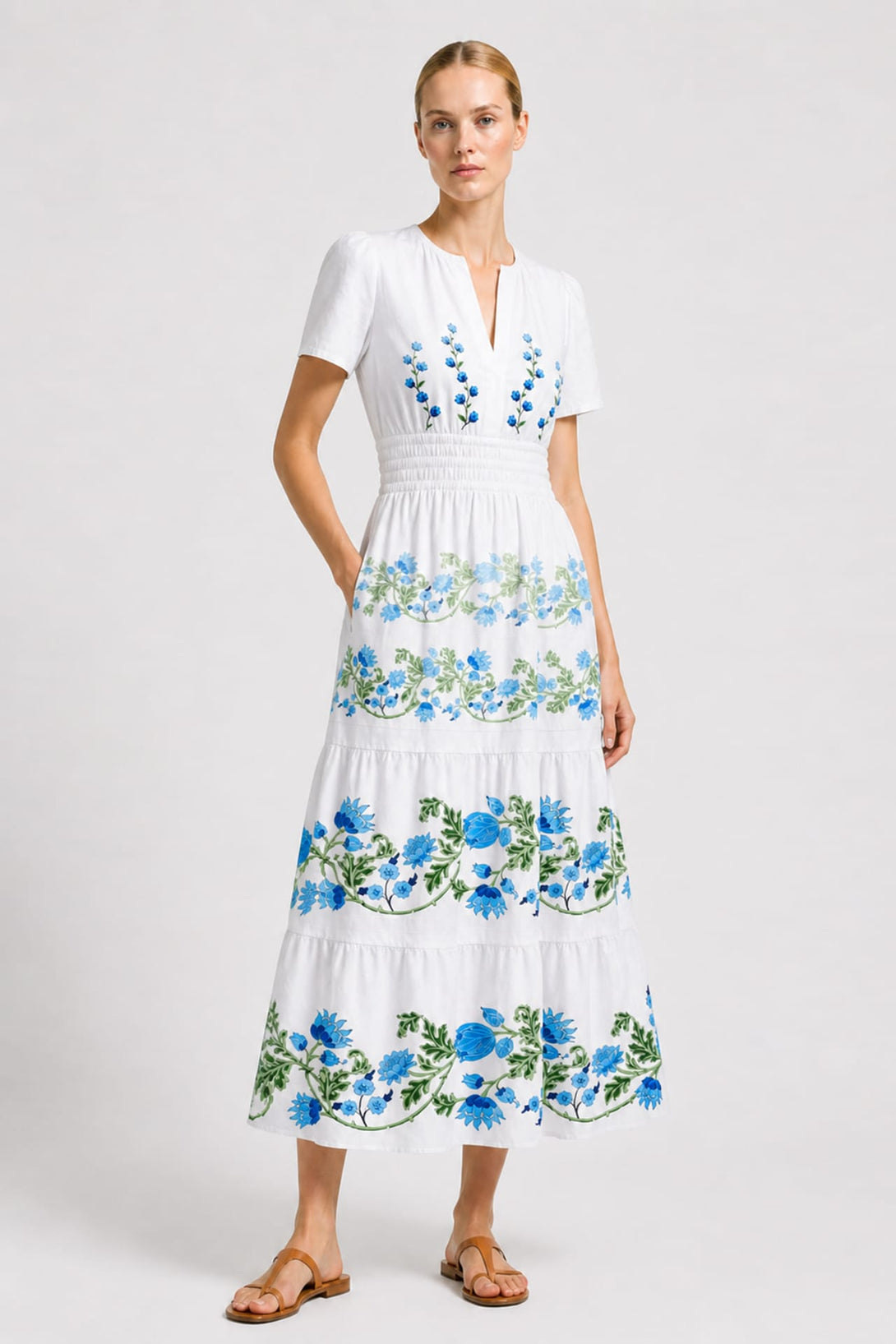 floral midi dress with pockets S Blue and White Floral Organic Cotton Poplin Midi Dress with Pockets – Dress for Amalfi Coast Vacations