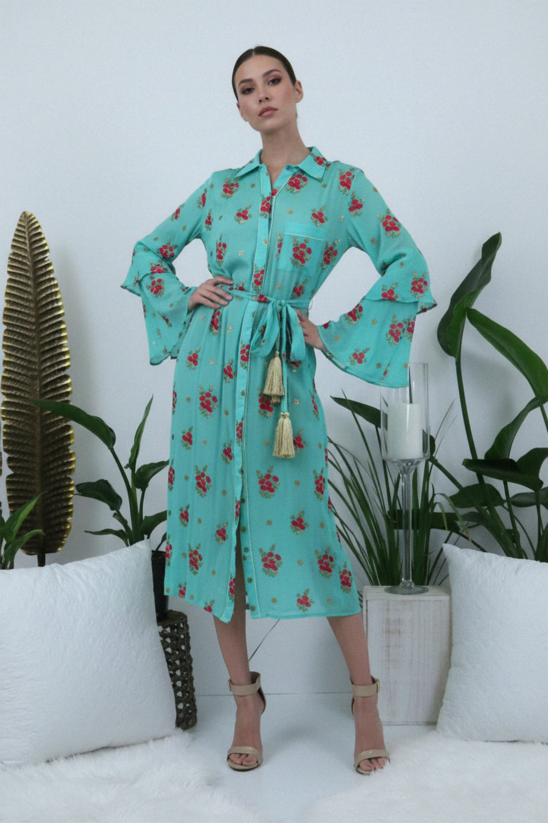 Stylish Floral Embroidery Shirt Dress in Midi Length - Shahida Shahida Parides Stylish Floral Embroidery Shirt Dress in Midi Length - Shahida Shahida Parides