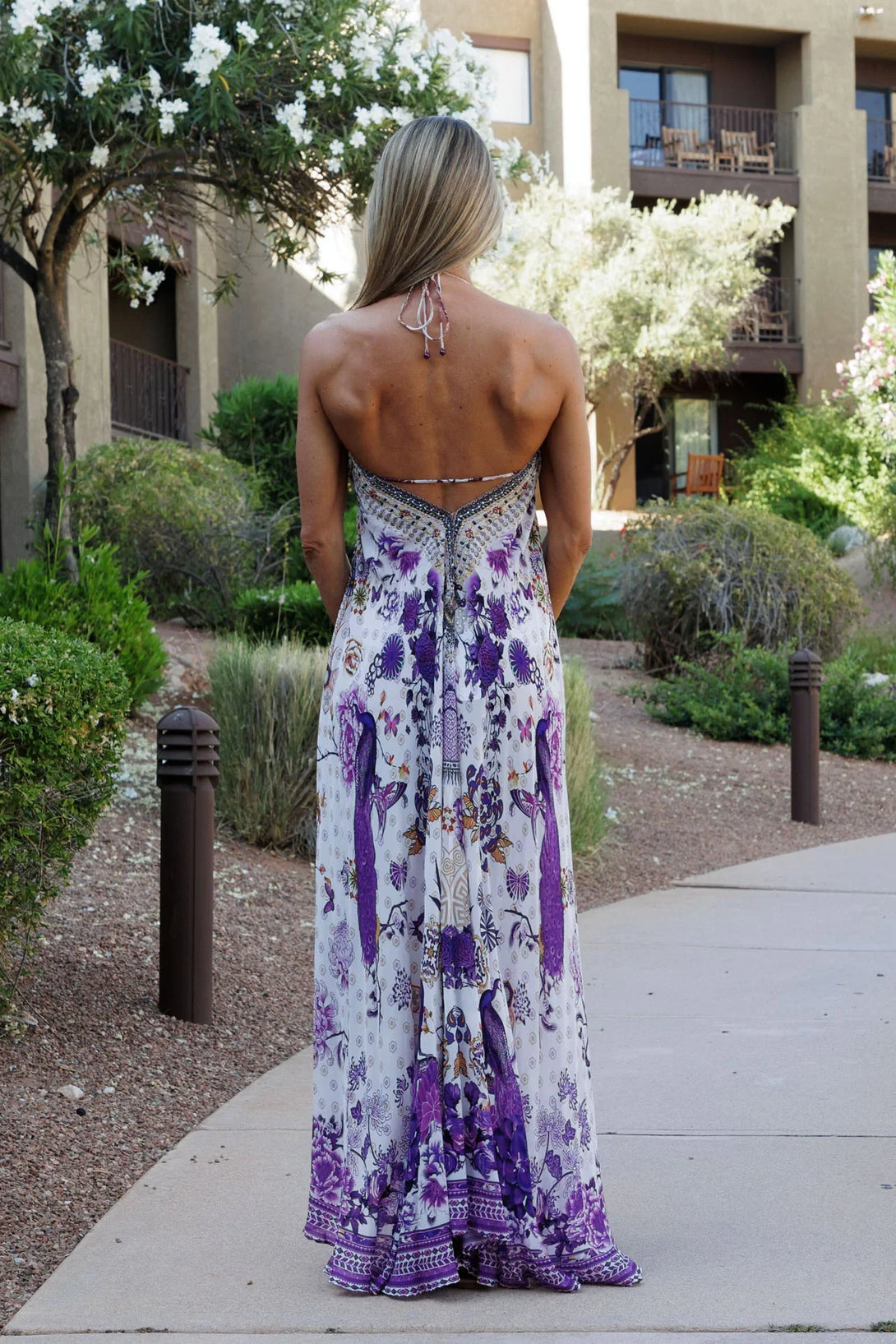 fitted lace wedding dress Light Purple Floral Silk Maxi Dress with Scarf Neckline