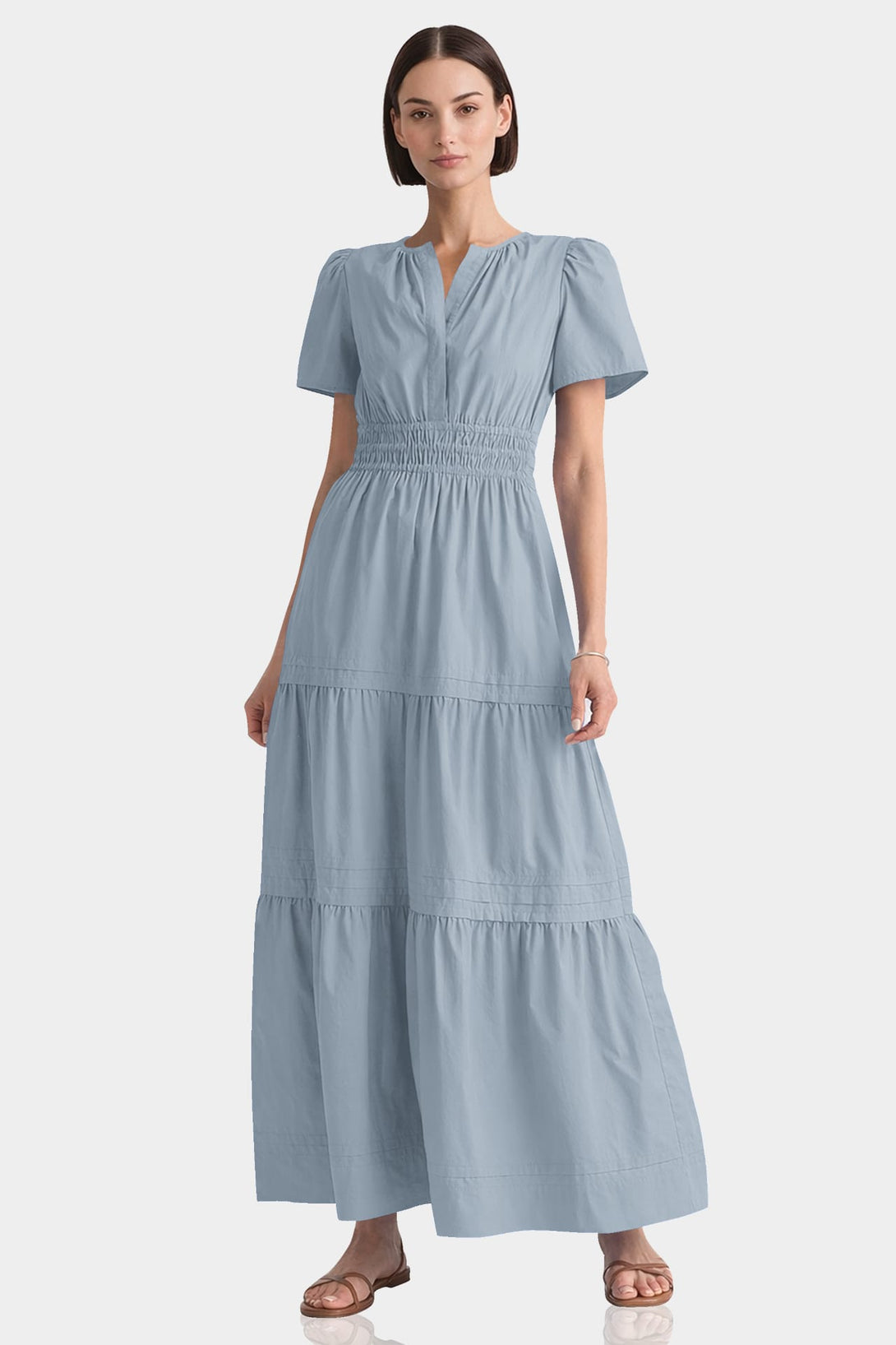 Dusty Blue Cotton Tiered Maxi Dress