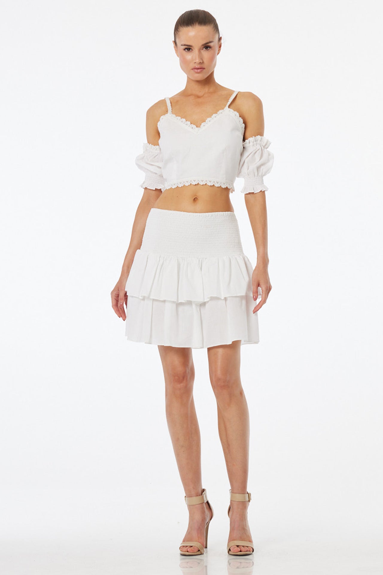 Luxury White Tiered Ruffle Mini Skirt for Women – Shahida Parides