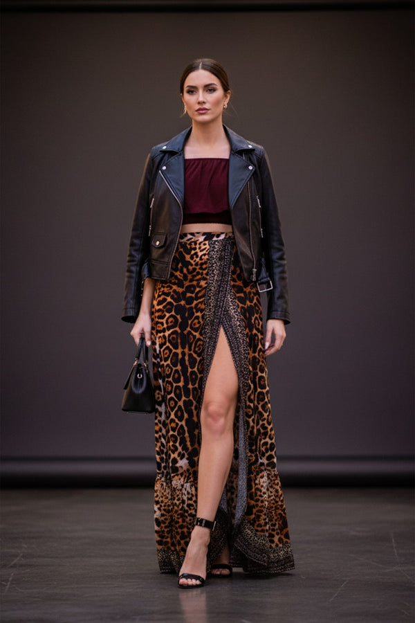 Elegant animal print skirt with fluid silhouette and soft sheen, Shahida,