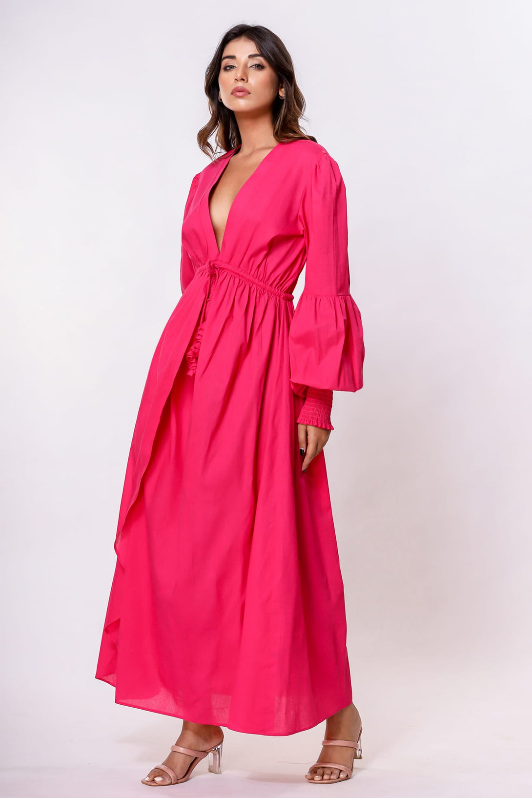S Fuchsia Pink Plunge Neck Empire Waist Cotton Maxi Dress for Women
