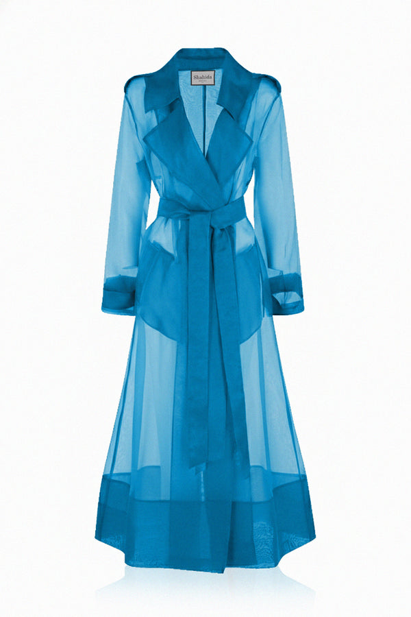 trench coat midi dress S Powder Blue Sheer Silk Organza Trench Coat-sheer coat for layering