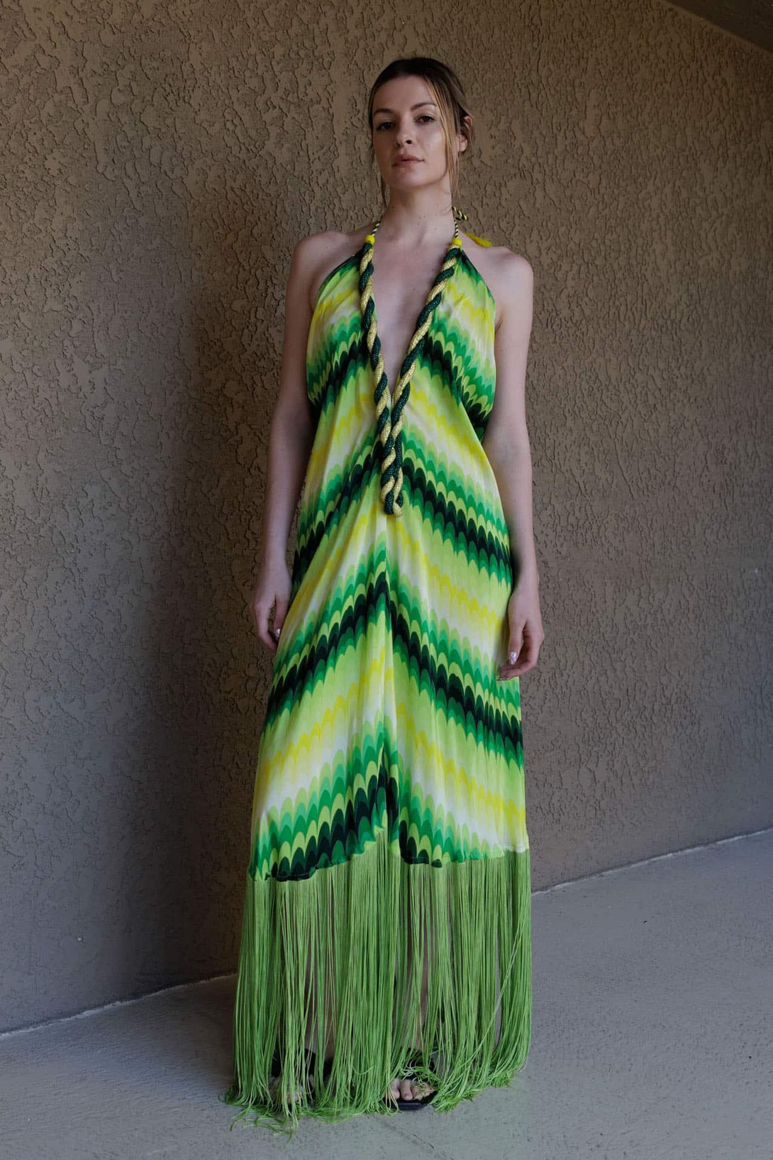 One Size Green Stripe Print Fringe Dress One Size Green Stripe Print Fringe Dress