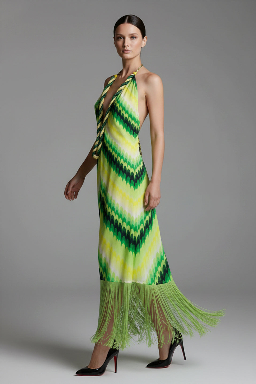 One Size Green Stripe Print Fringe Dress