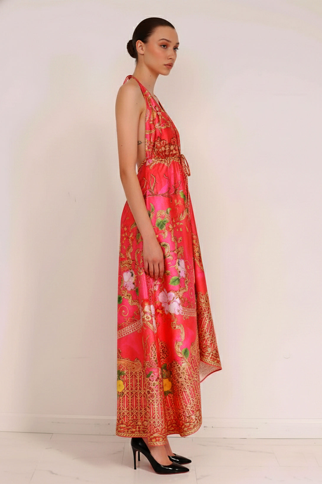 fuchsia floral maxi dress Fuchsia Floral Silk Maxi Dress – Scarf Neck & Handkerchief Hem