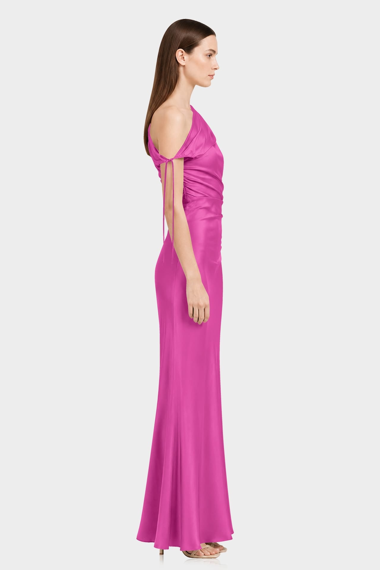 fuschia pink bridesmaid dresses S Fuchsia Gathered Stretch Satin Maxi Dress miriam-exclude Satin Ruffle Maxi Dress Size:3/6M adding a subtle