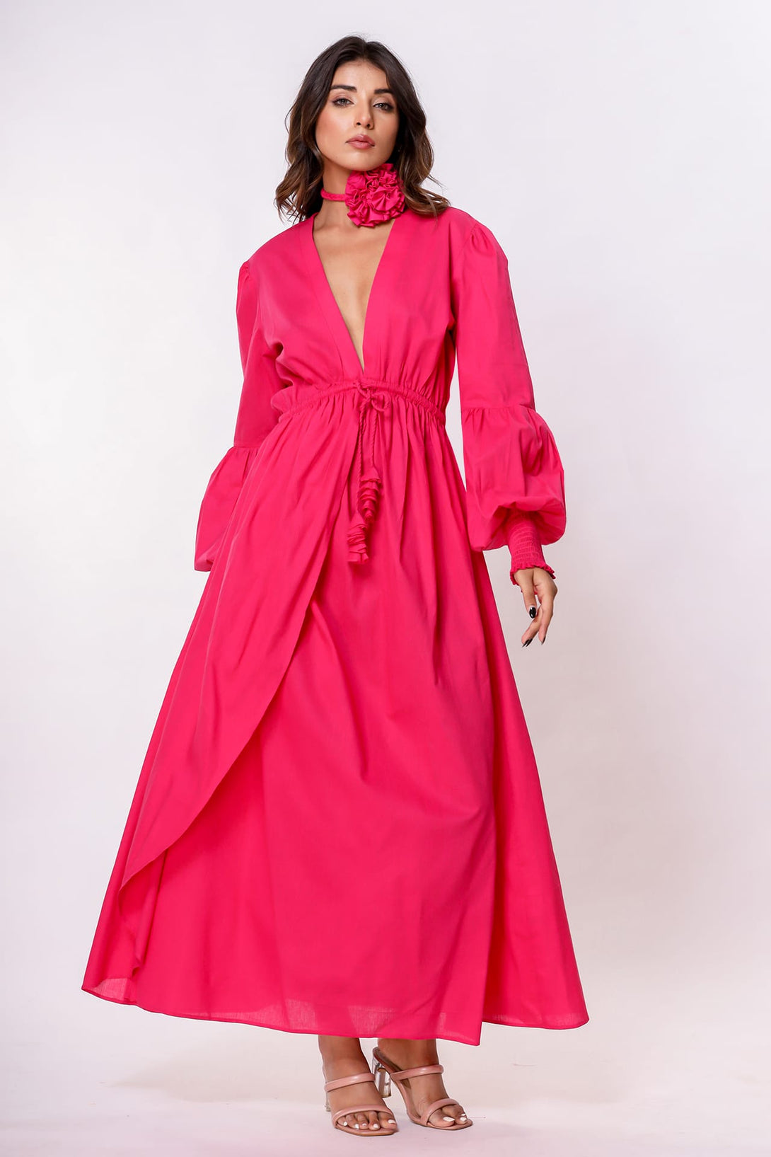S Fuchsia Pink Plunge Neck Empire Waist Cotton Maxi Dress for Women