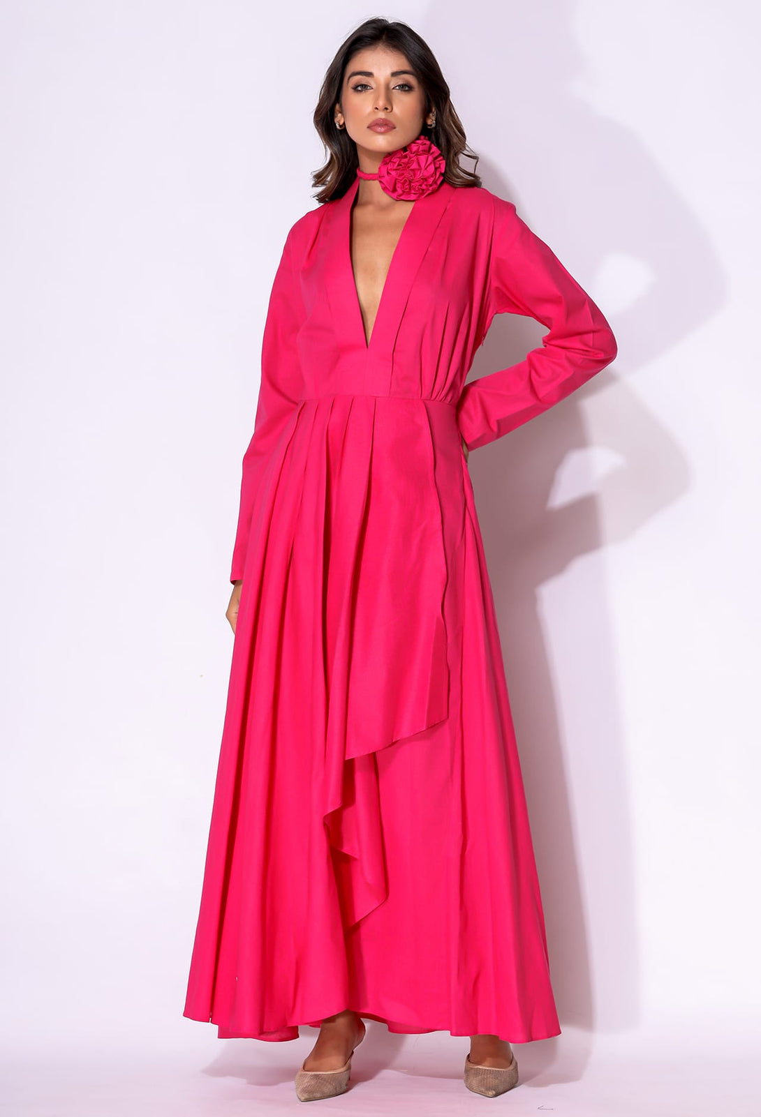 pink plunge maxi dress S Fuchsia Pink Long Sleeve Plunge Neck Cotton Maxi Dress for Women