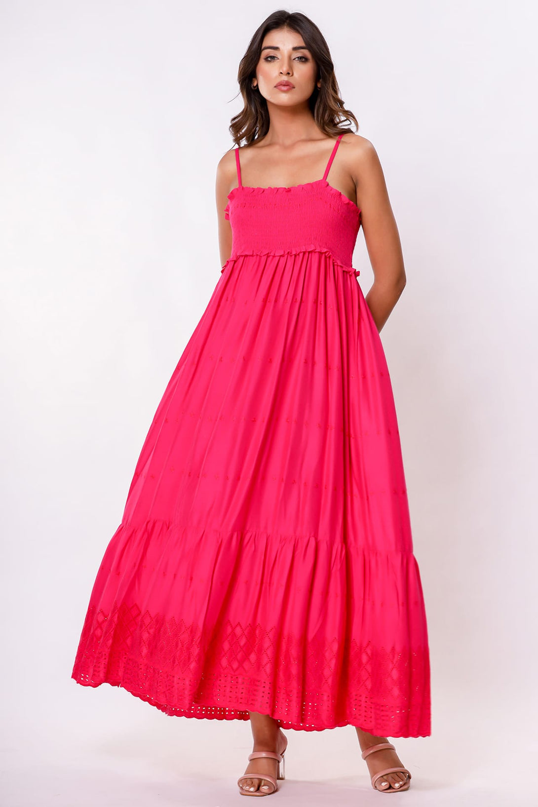 S Luxury Fuchsia Pink Smocked Cotton Midi Dress – Eyelet Lace Hem Summer Dress