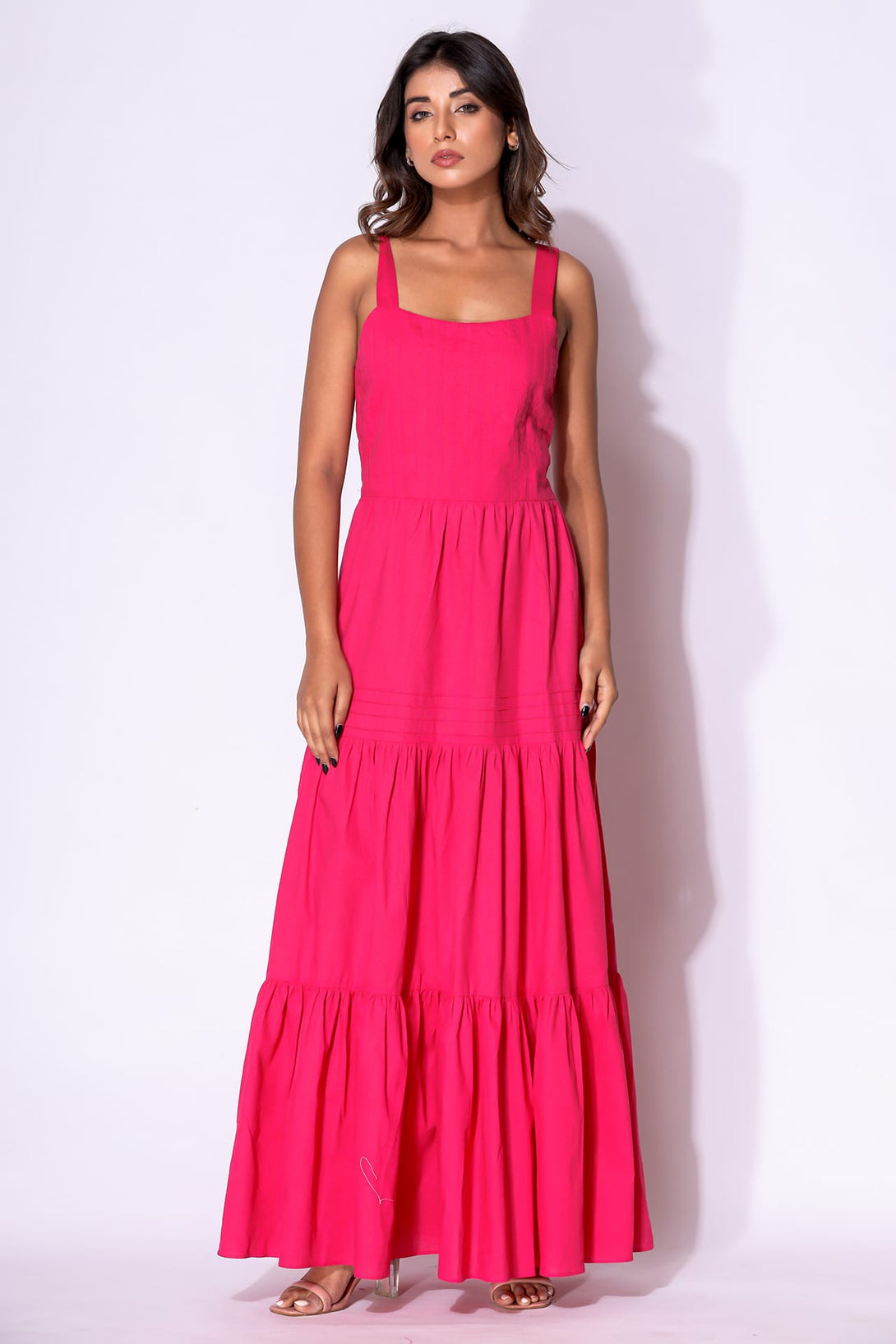 S Fuchsia Pink Square Neck Tiered Cotton Maxi Dress – Relaxed Resort Wear