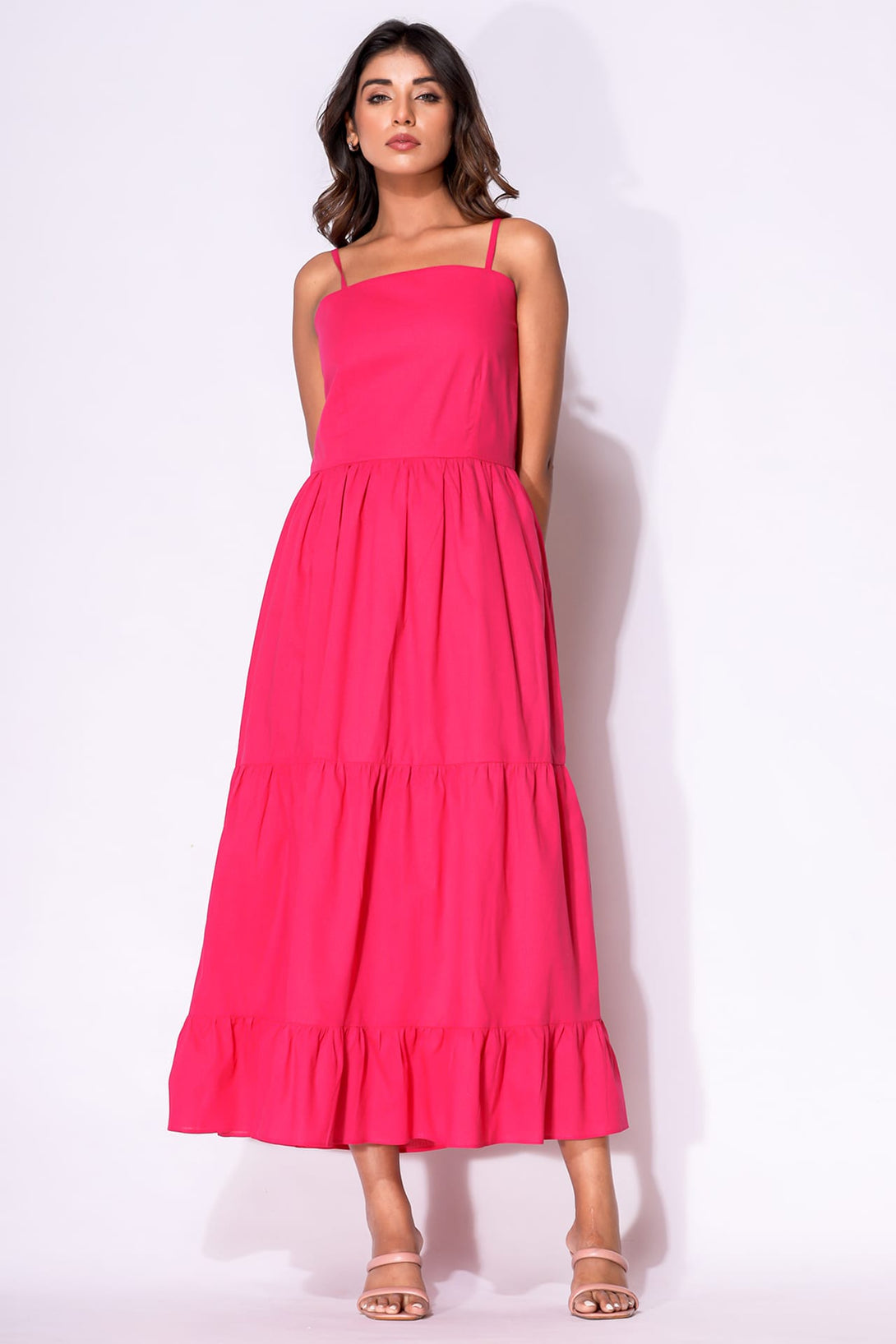 S Luxury Fuchsia Pink Tiered Cotton Midi Dress – Elegant Daywear Dress