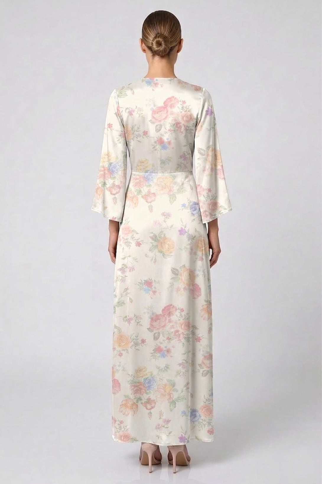 outdoor wedding guest dresses Ivory Floral Satin Wrap Dress