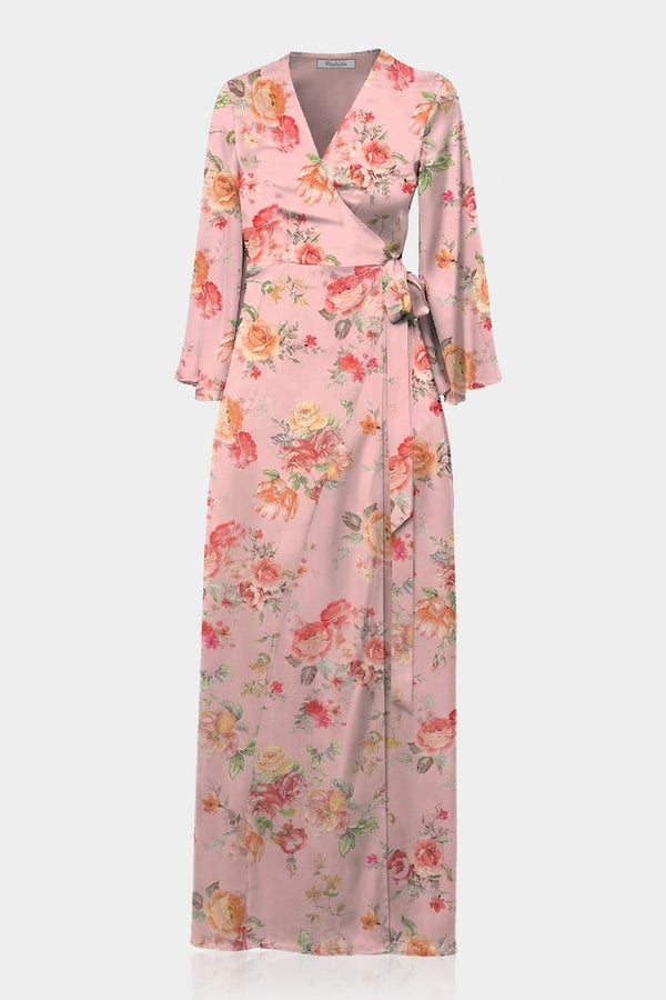 Standard / S Romantic Blush Floral Satin Maxi Wrap Dress with Slit for Outdoor Wedding Guests