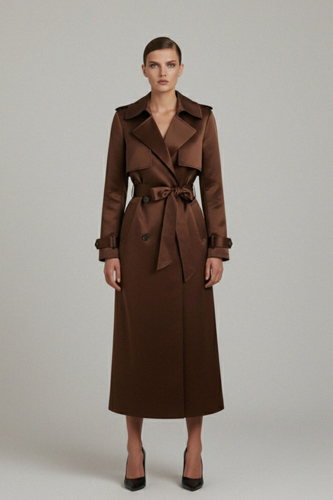 satin trench coat with a glossy high-shine finish and event-ready style, Shahida,