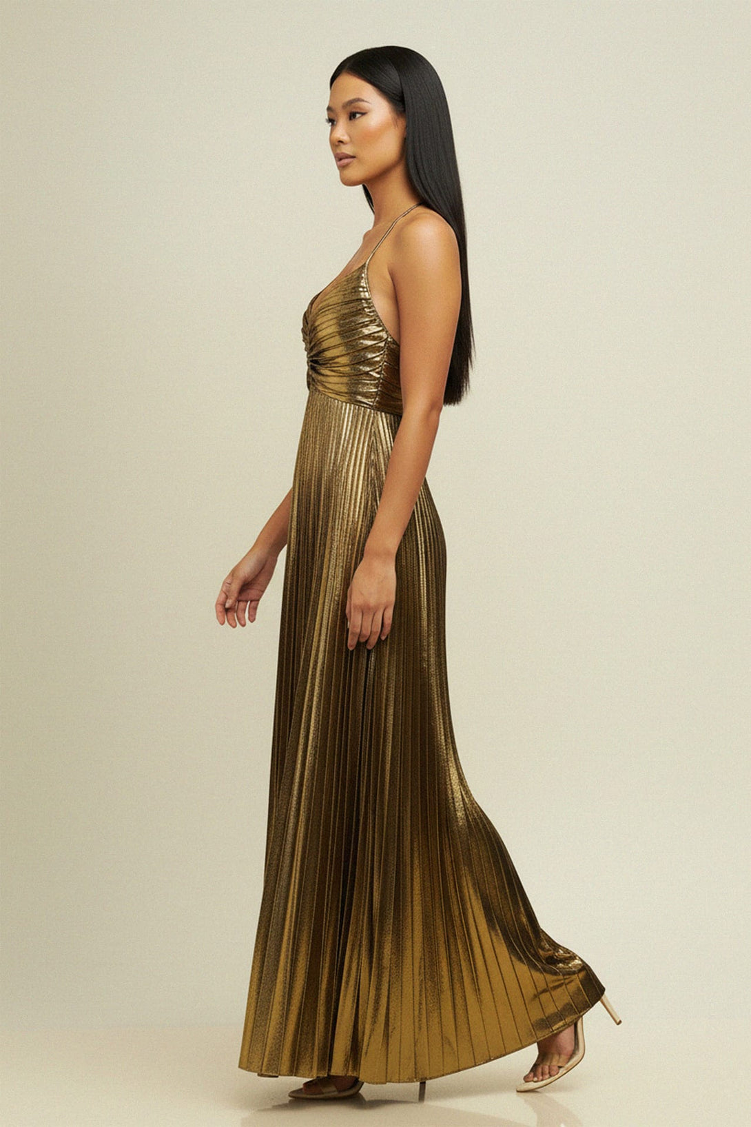 Gold metallic long dress for luxury online shopping USA, Shahida,