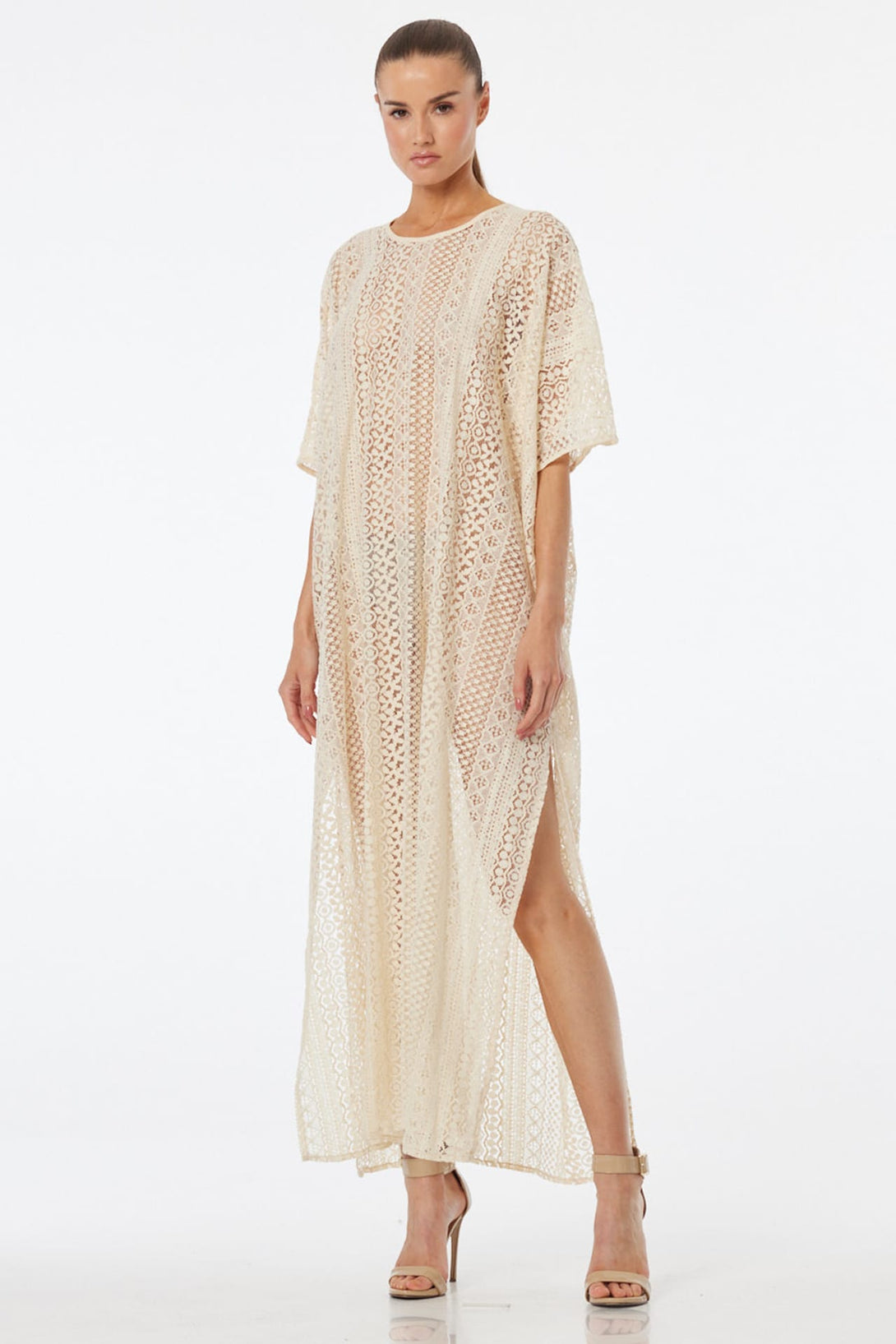 Ivory Sheer Lace High Slit Cover Up Dress for Resort Wear – Shahida Parides