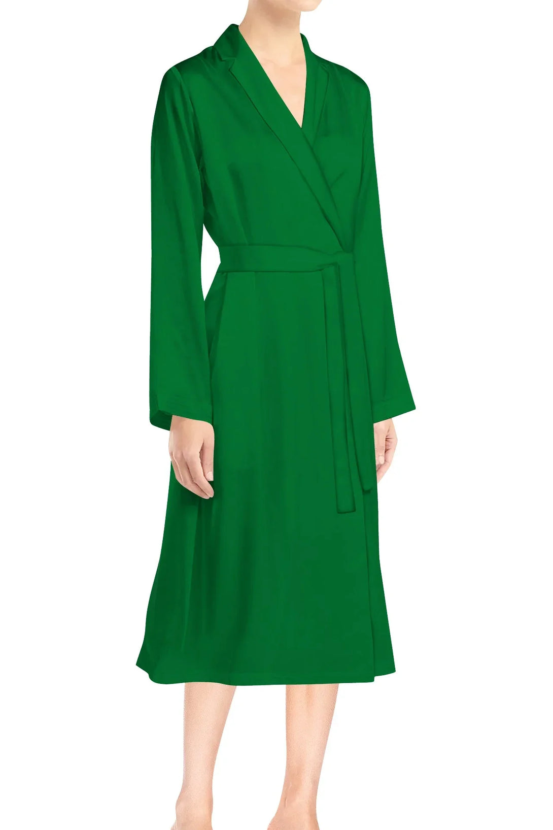 green long wrap, vegan silk, Shahida Kyle Richards, sustainable luxury, eco friendly dress, designer outfit, feminine silhouette, soft drape, midi length dress, chic robe, modern style, ethical fashion