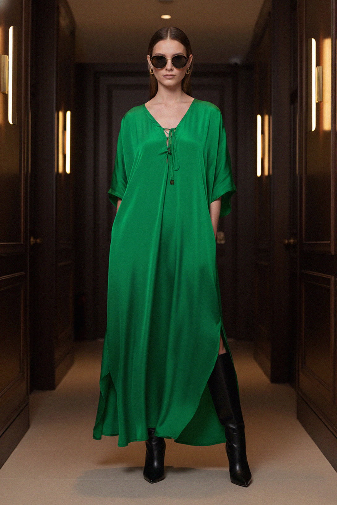 One Size Emerald Green Solid Kaftan Maxi Dress with Tie-Up Neckline & Side Slits
