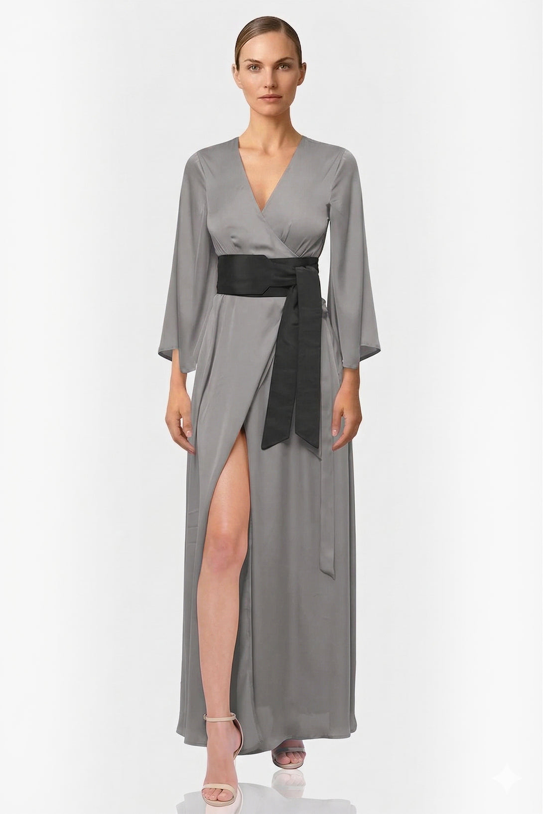 satin wrap maxi dress long sleeve S Grey Satin Wrap Maxi Dress – Bridesmaid & Garden Wedding Guest Dress