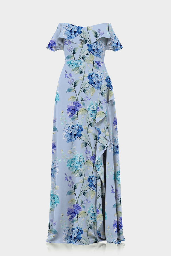 Blue Hydrangea Off Shoulder Maxi Dress |Floral Maxi Dress – Shahida Parides