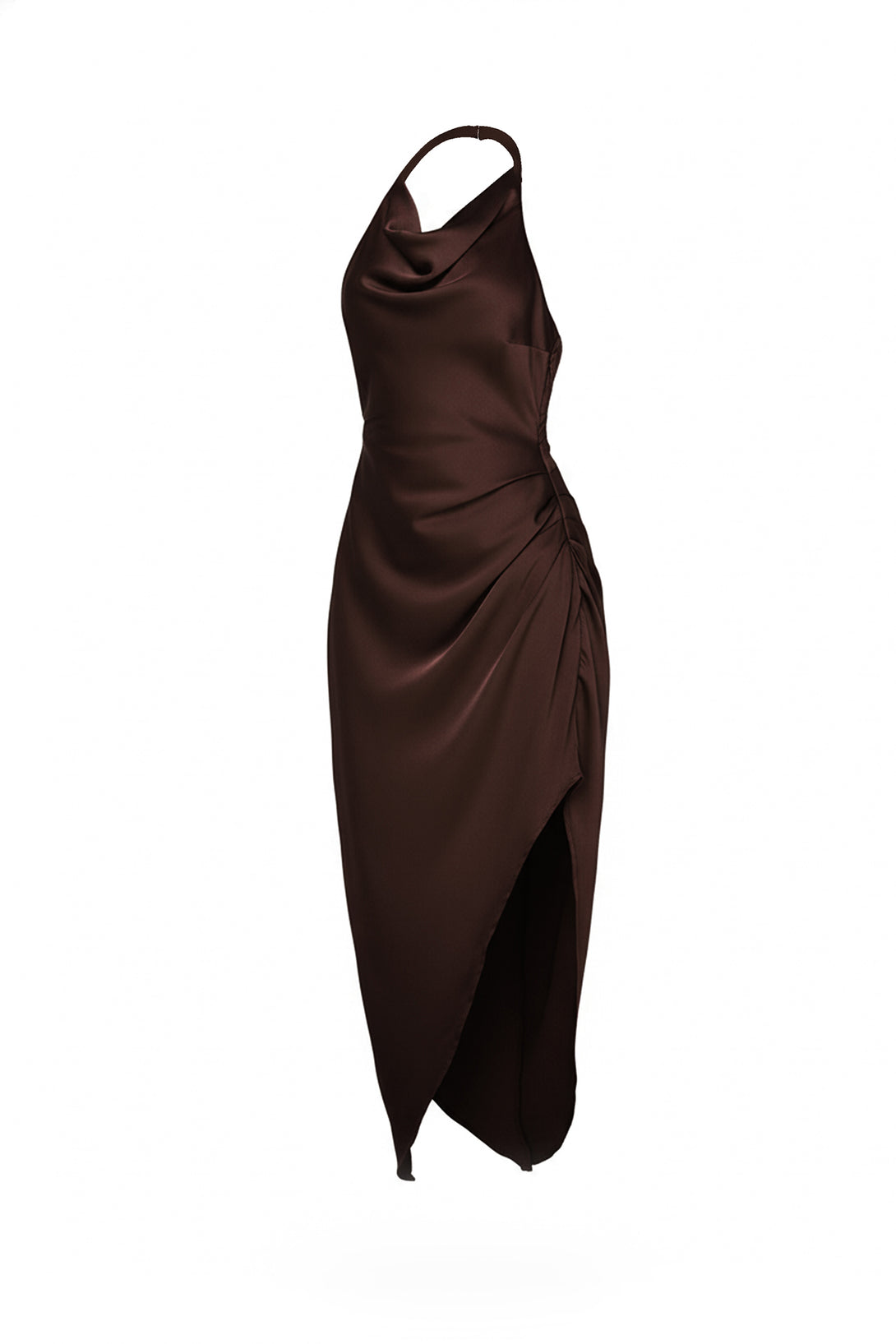 Shahida Parides,
curve-hugging halter neck design,
sleek asymmetric cocktail midi dress,
elegant halter neck evening dress,