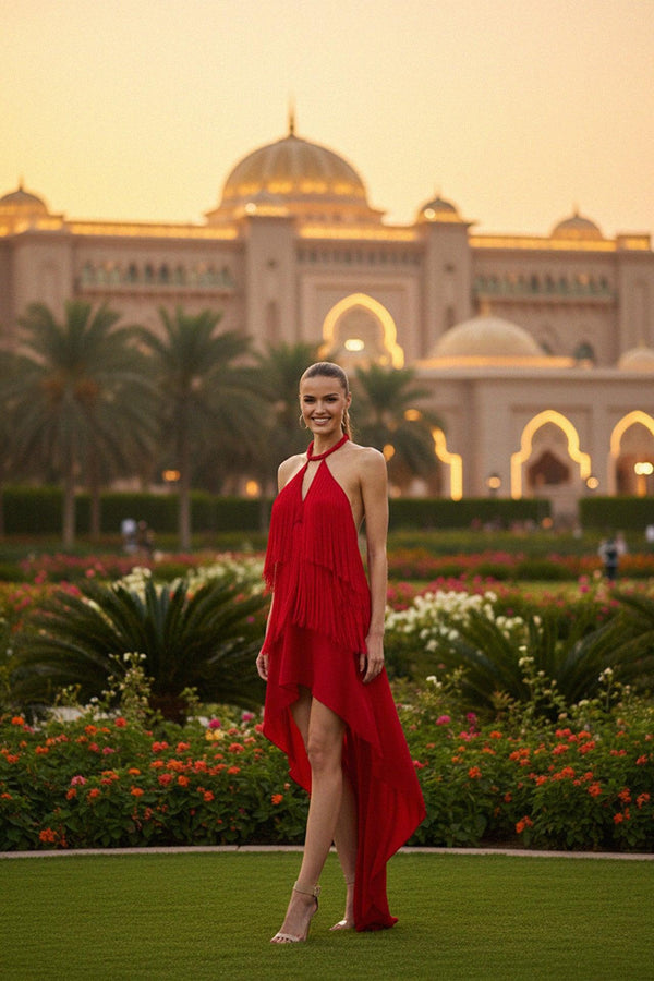 Carmina Fiery Red Backless Dress With Halter Neckline