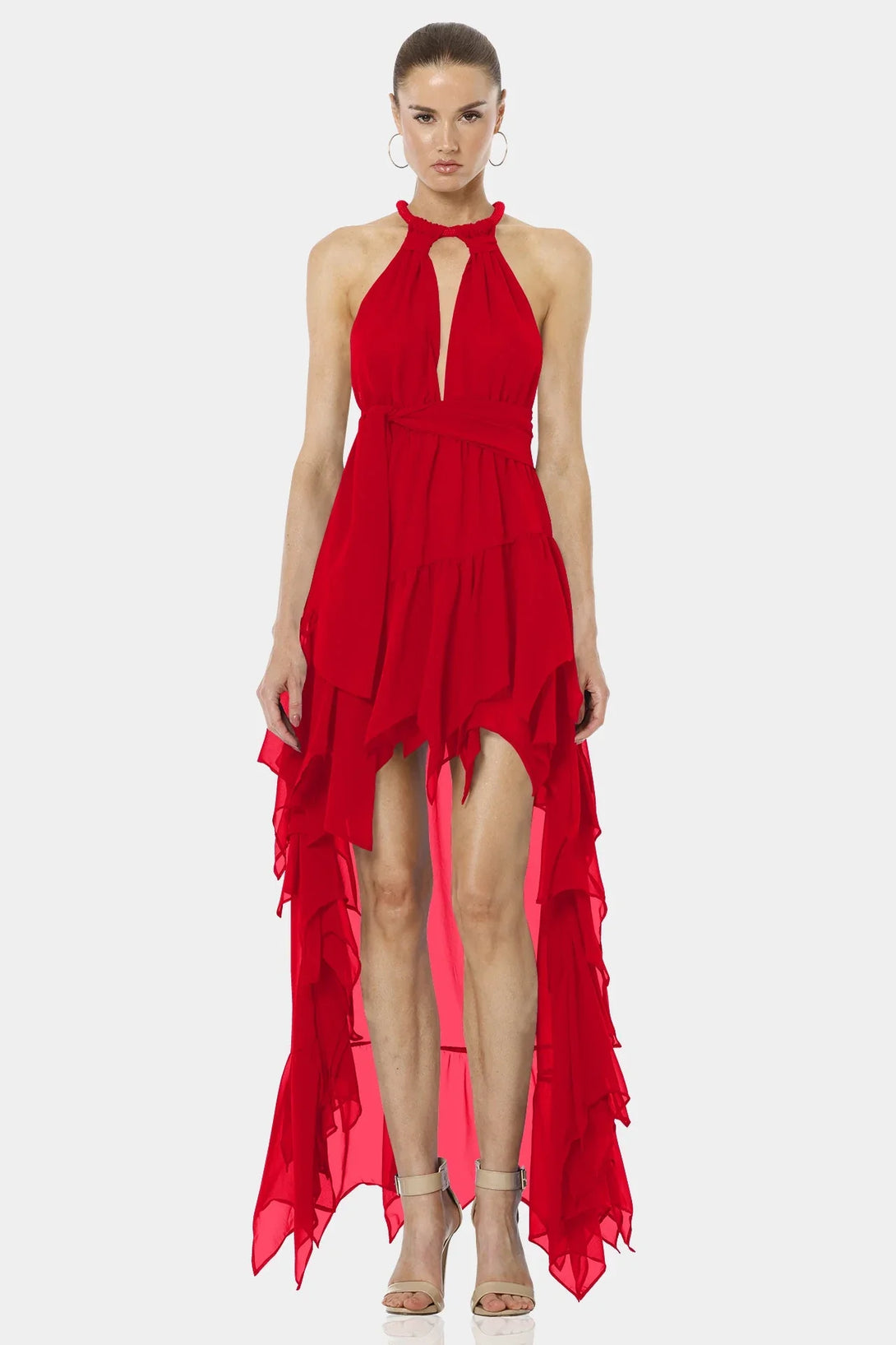Red High Low Dress | Plunged Neckline | Asymmetrical Dress | Qishma Extra Large Red High Low Dress | Plunged Neckline | Asymmetrical Dress | Qishma Extra Large