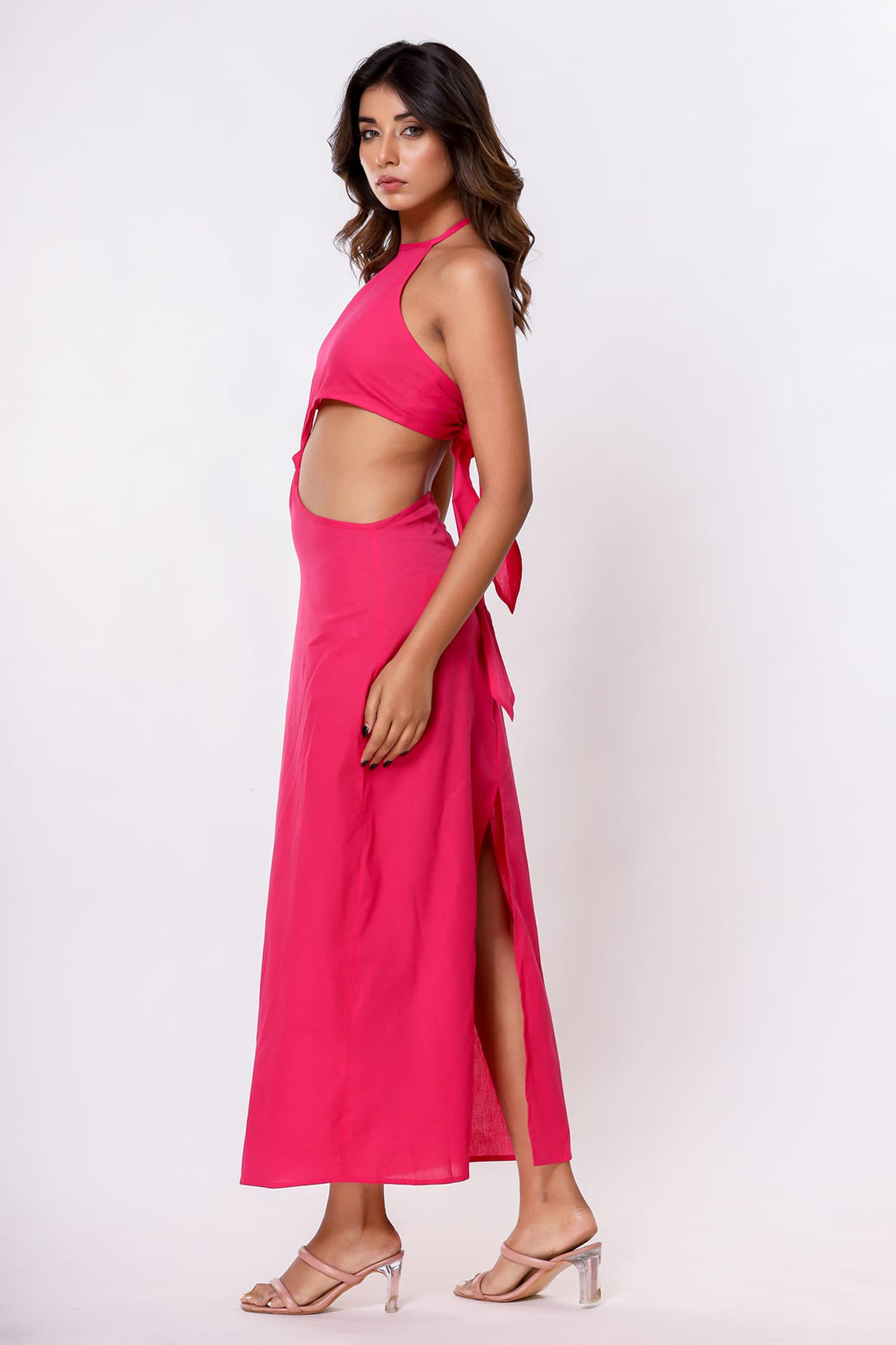 S Luxury Fuchsia Pink Cutout Cotton Maxi Dress for Women – Cruise Holiday Dress