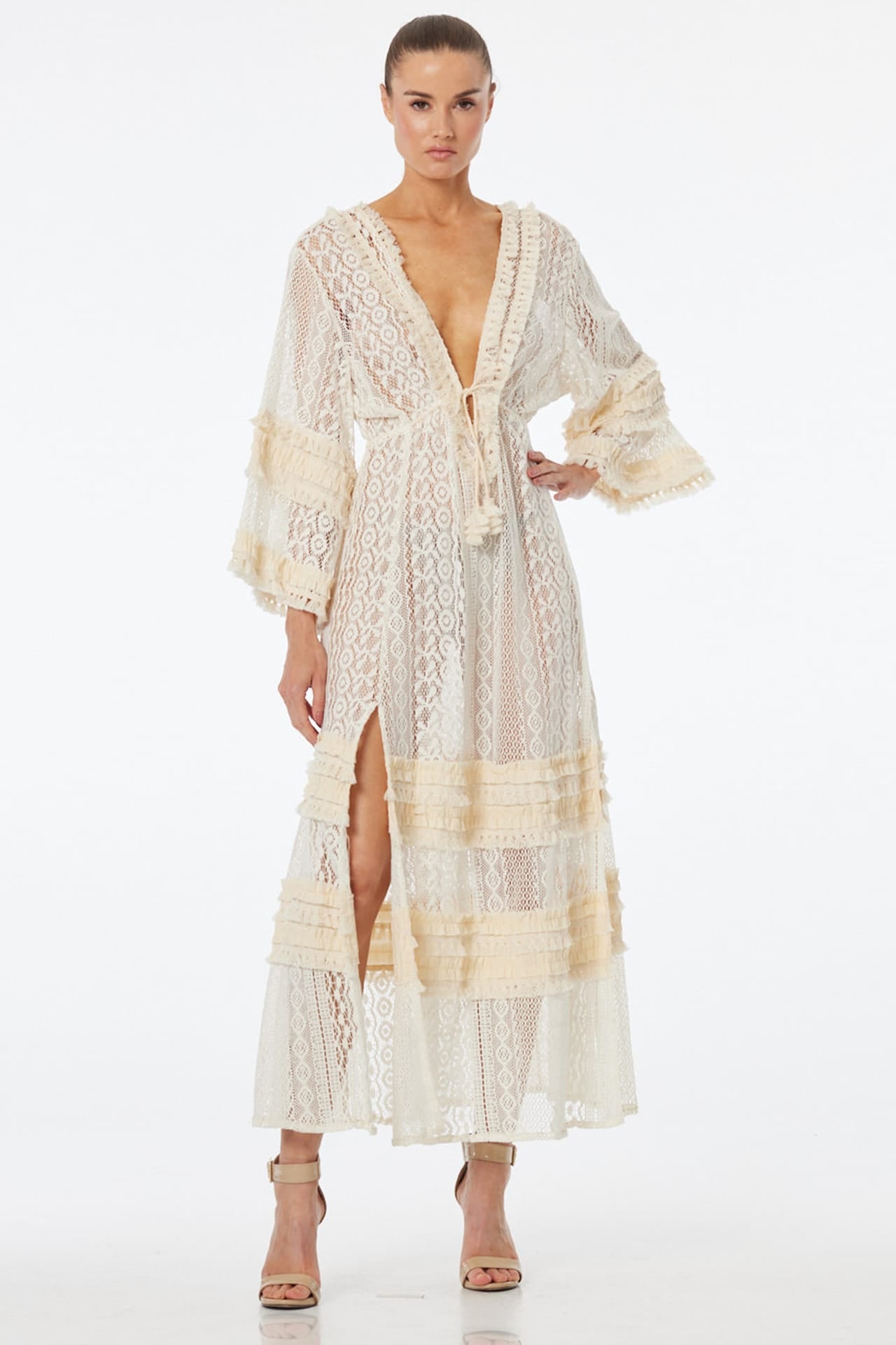 S Luxury Ivory Sheer Lace Maxi Dress with Deep V Plunge Neckline