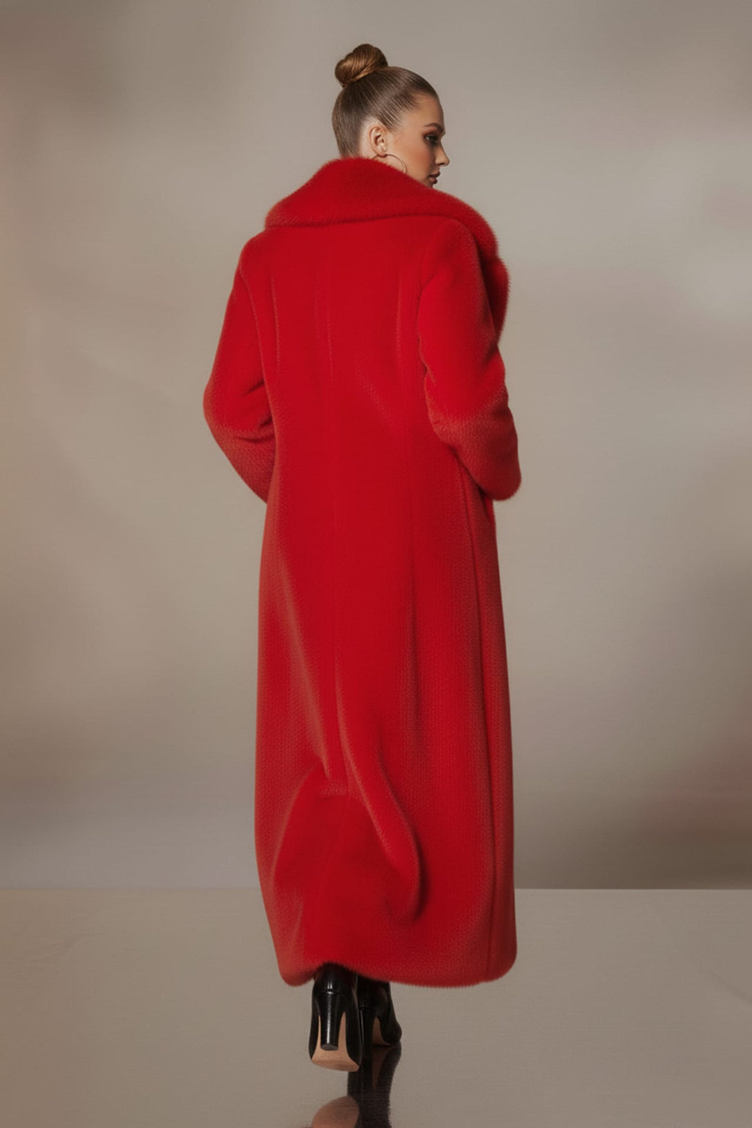 Vibrant long faux fur red coat for winter wardrobes, Shahida,