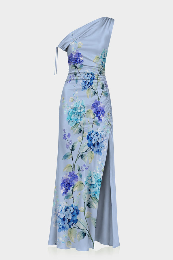S Sky Blue Floral One Shoulder Maxi Dress
