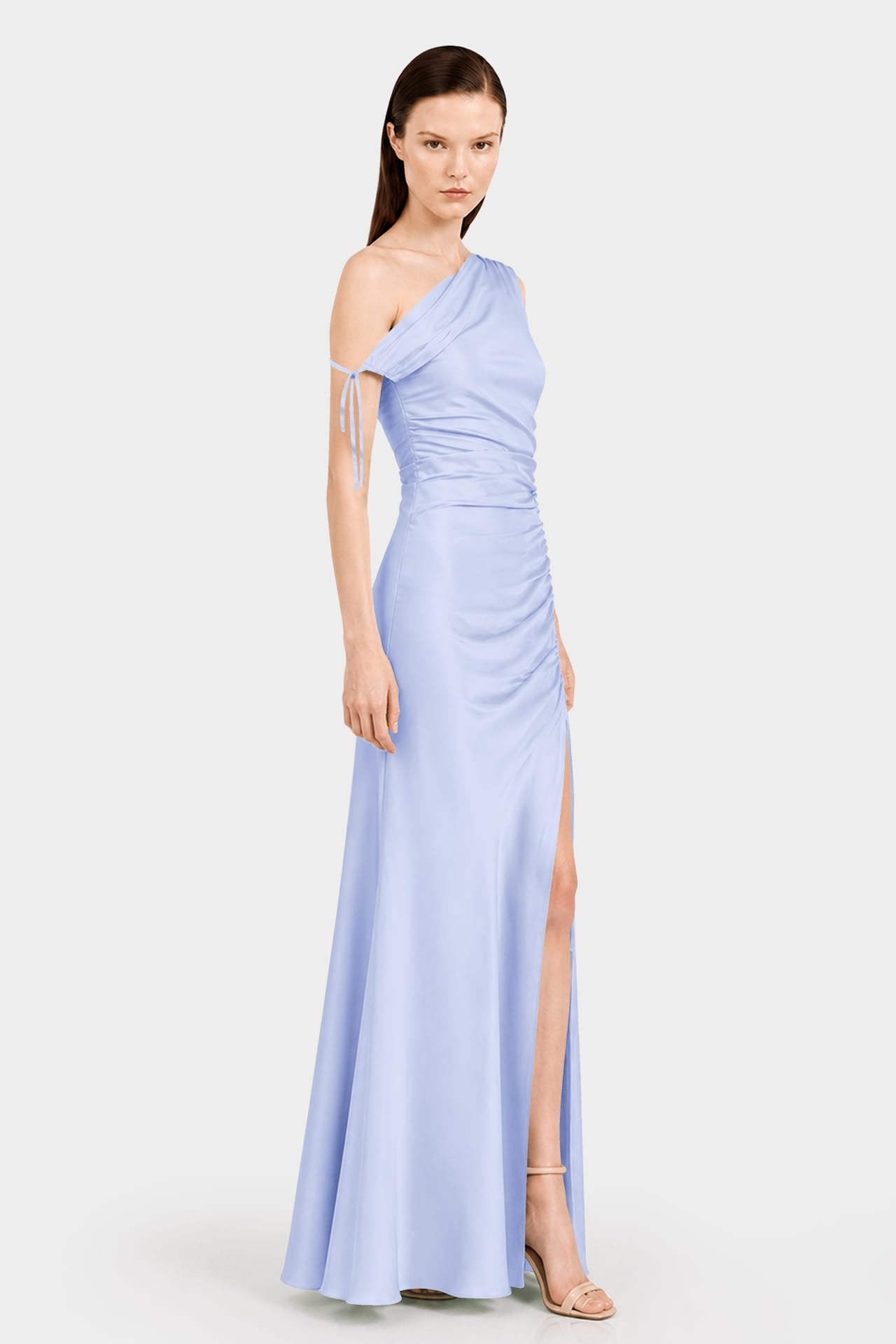 icy blue satin dress Aurelia One-Shoulder Satin Maxi Dress