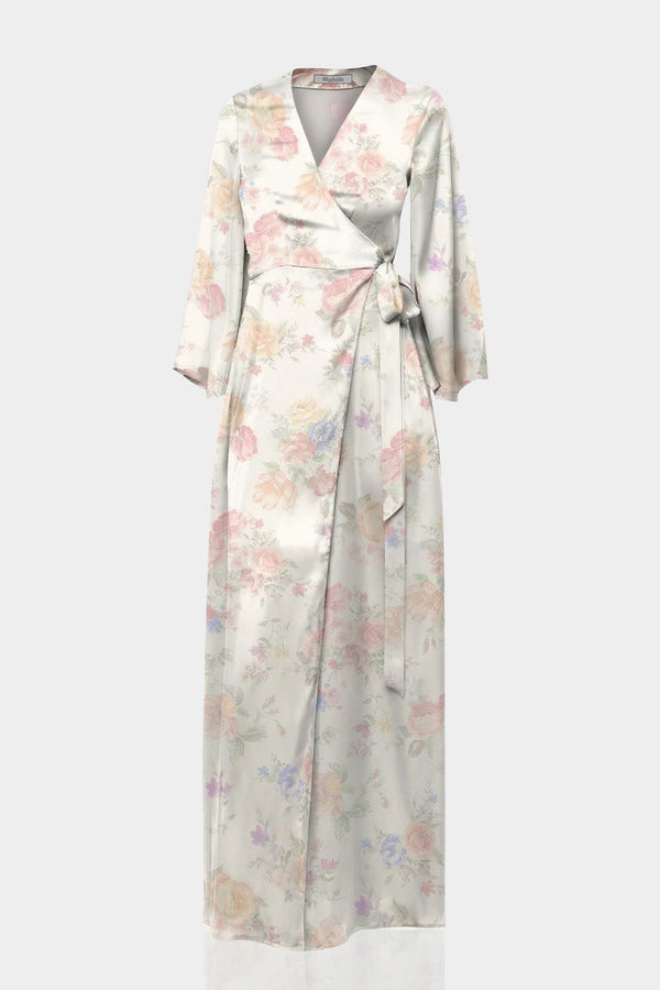 Standard / S Ivory Floral Satin Wrap Maxi Dress for Garden Weddings & Bridal Showers