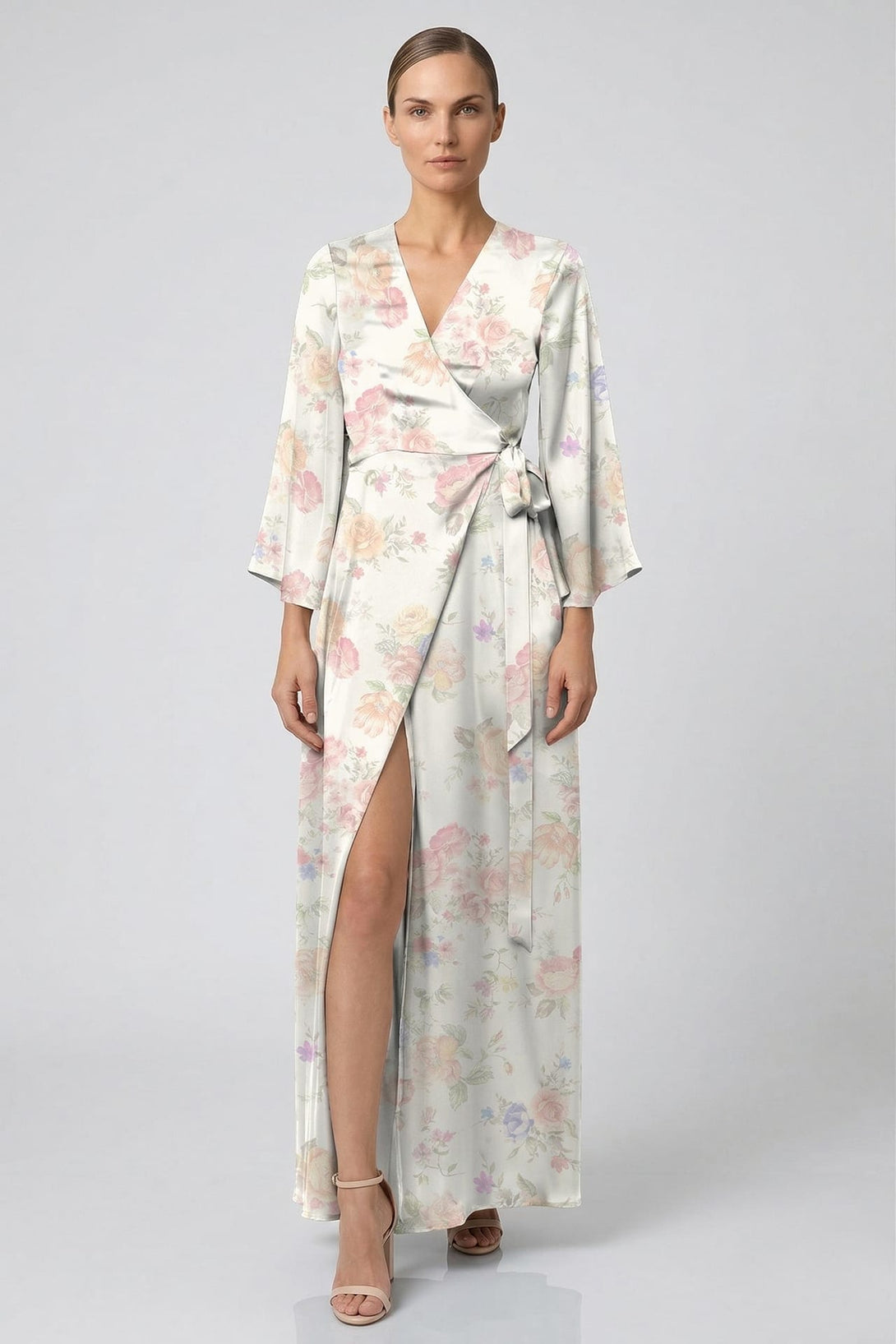 ivory wrap dress Standard / S Floral Satin Maxi for Garden Weddings & Bridal Showers Blush Maxi Dress For colour: dark-teal-v-neck-long-sleeve-wrap-skirt-midi-dress 268 Hips Size:US 15 | EU 49