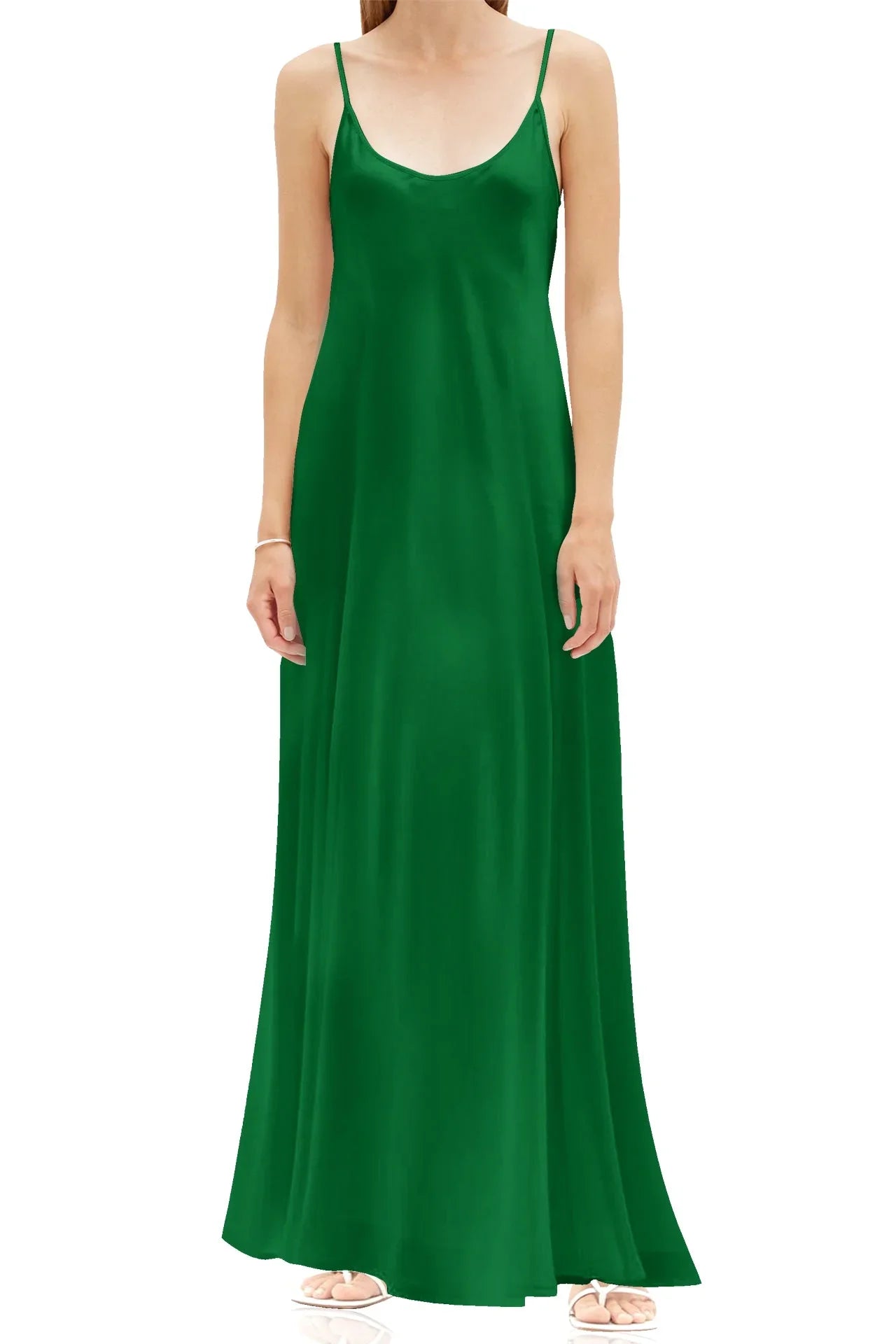 Designer Silk Cami Dress Long | Green Maxi Slip Dress