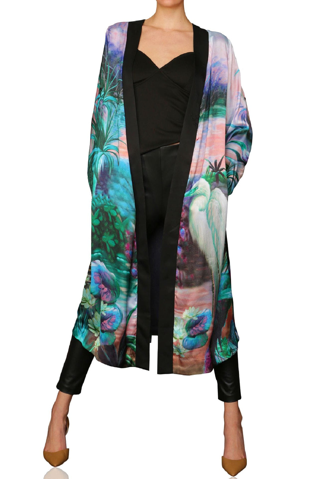 silk kimono, bird print, blue robe, luxury resort, elegant style, terrace look